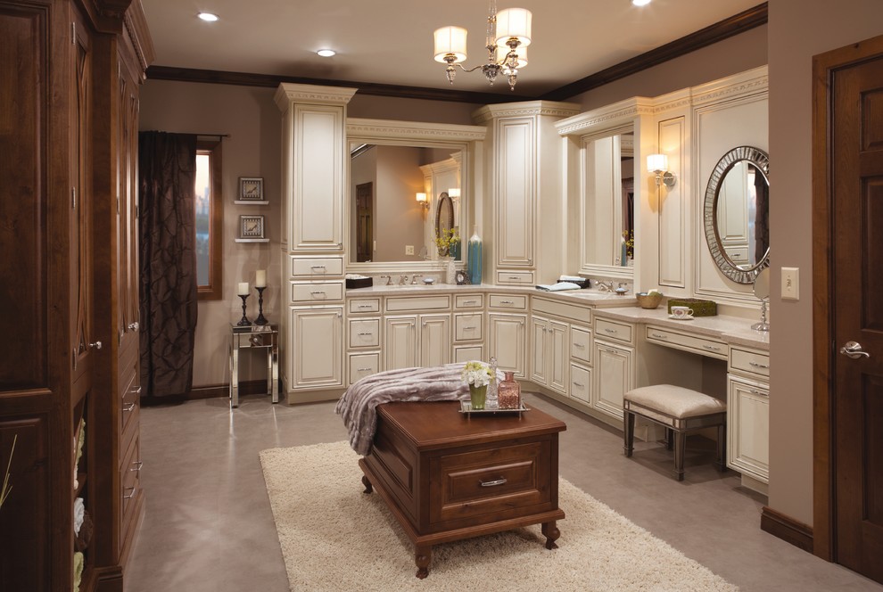 Inspiration for a large transitional master bathroom in Minneapolis with raised-panel cabinets, white cabinets, vinyl floors, an undermount sink, quartzite benchtops, purple floor, beige walls and grey benchtops.