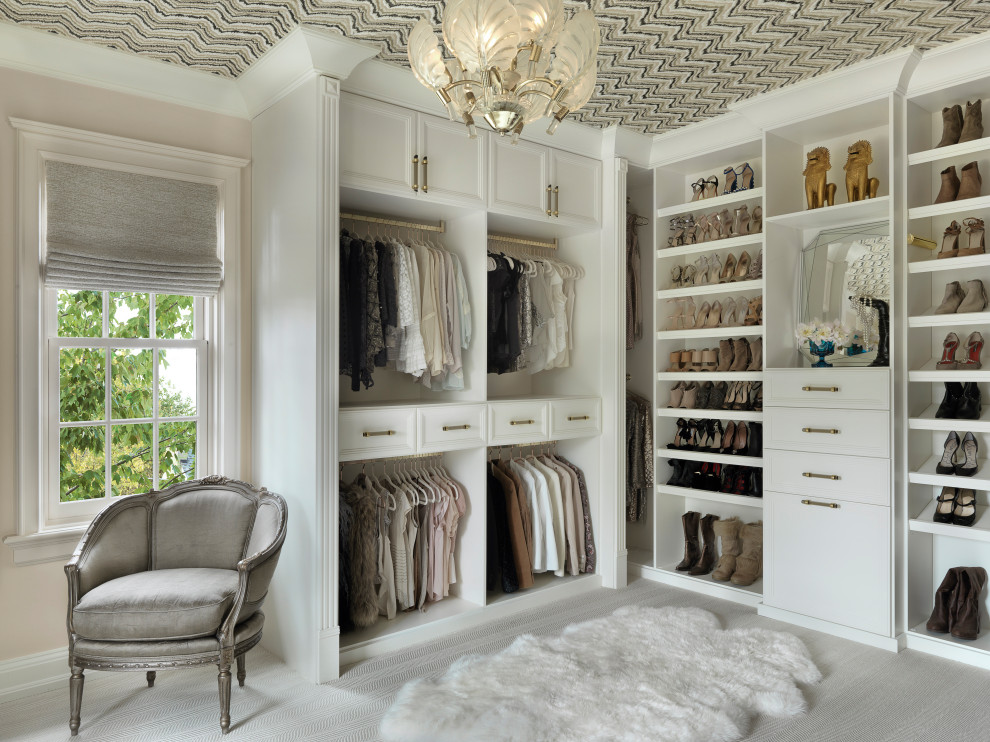 Example of a large transitional women's carpeted, wallpaper ceiling and gray floor walk-in closet design in St Louis with white cabinets and open cabinets