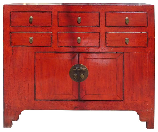 Chinese Rustic Red Lacquer High Credenza 6 Drawers Cabinet Hcs1344 ...