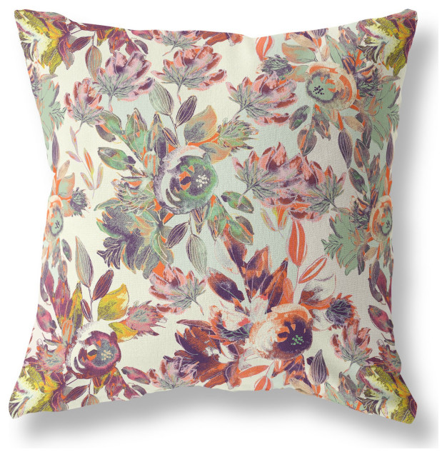 18" Orange Green Florals Indoor Outdoor Zippered Throw Pillow