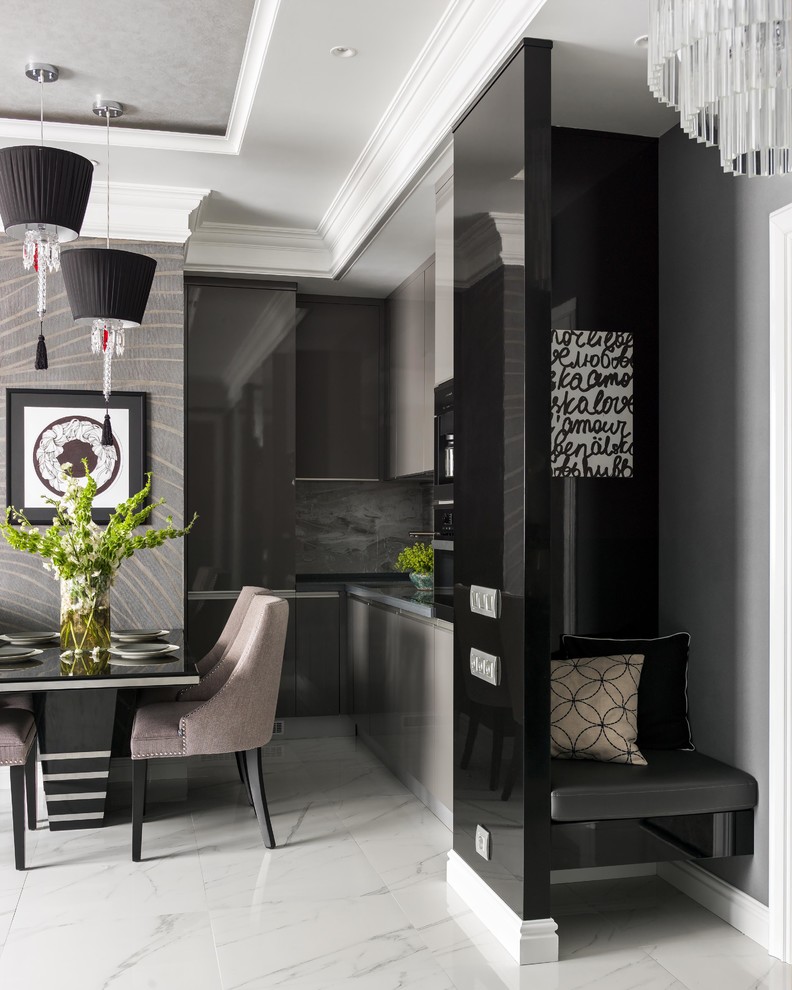 Contemporary foyer in Moscow with grey walls and white floor.