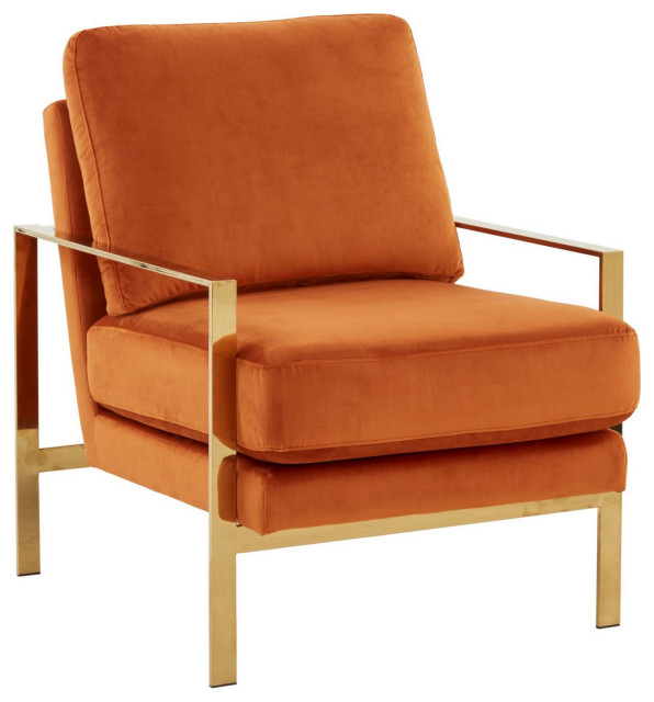 28" Cushioned Accent Chair, Orange Fabric, Gold Stainless Steel Frame