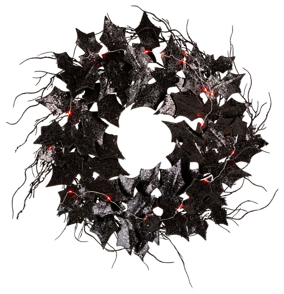 26"D Lighted Halloween Bat Wreath Modern Wreaths And Garlands by