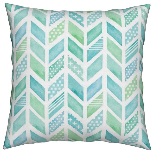 Watercolor Herringbone In Blue And Green Green Chevron Throw Pillow