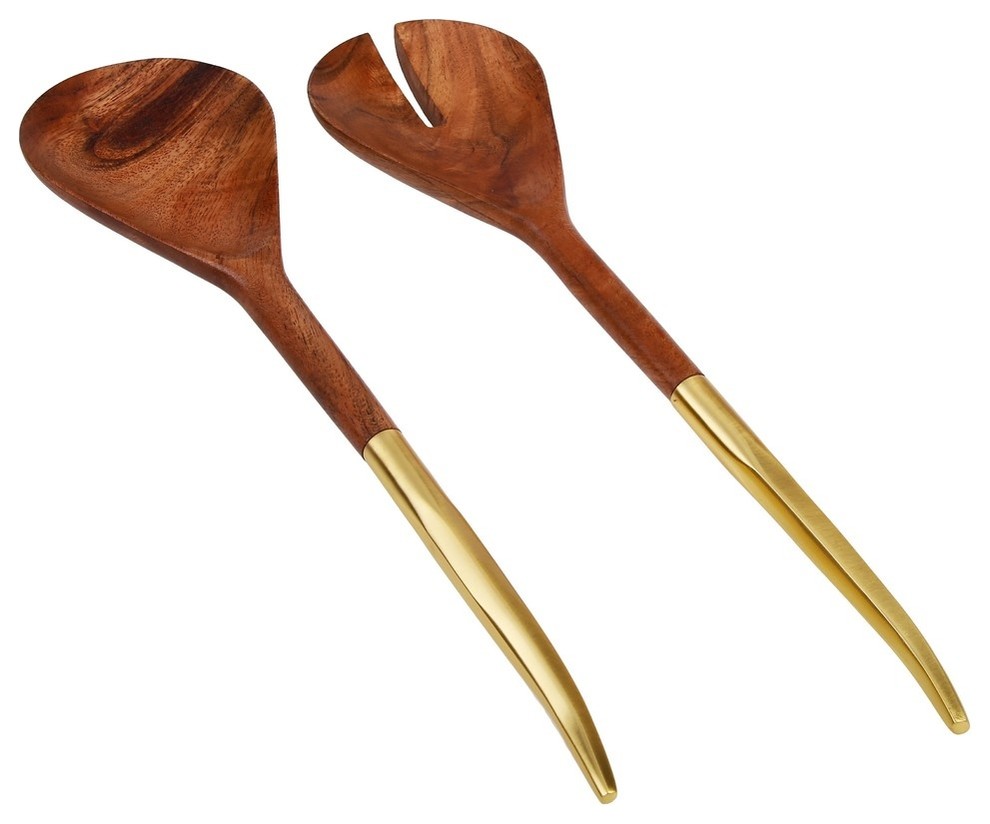 Classic Touch Wooden Salad Servers With Gold Handle, Set of 2