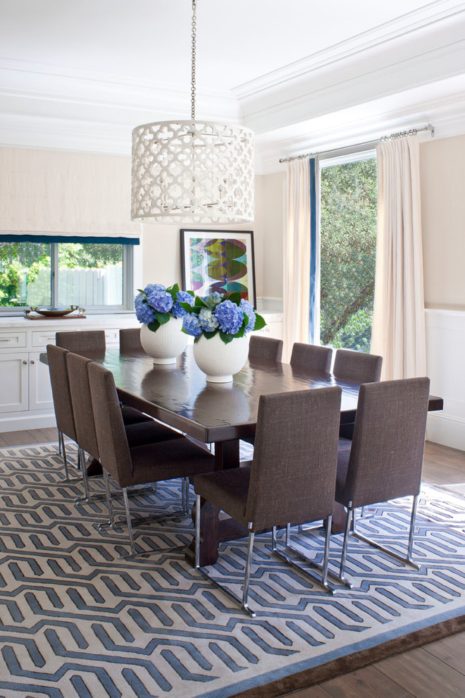 Inspiration for a contemporary dining room in Los Angeles with beige walls and dark hardwood floors.