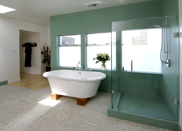 Blue Tile Bathroom With Beach Stone Floor Blue Tile Bathroom With Beach Stone Floor Contemporary