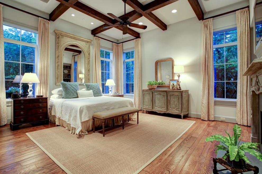 This is an example of a mid-sized transitional master bedroom in Houston with blue walls, medium hardwood floors and a standard fireplace.