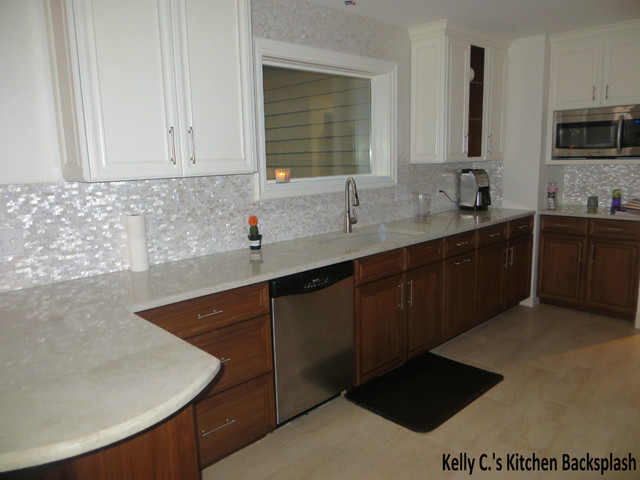 Amazing backsplash with Mother of pearl tile - Transitional - Kitchen