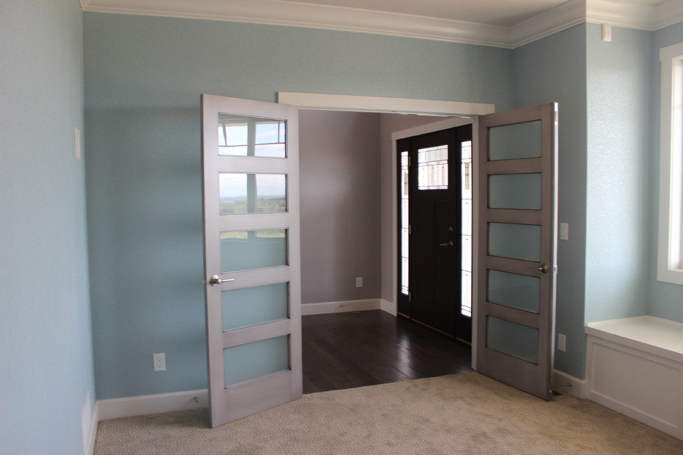 Home design - mid-sized transitional guest carpeted and beige floor home design idea with blue walls