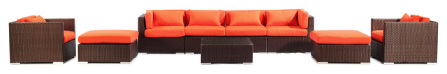 Modern Kaauai 9-Piece Outdooor Sofa Set, Seat: Orange, Wicker: Espresso