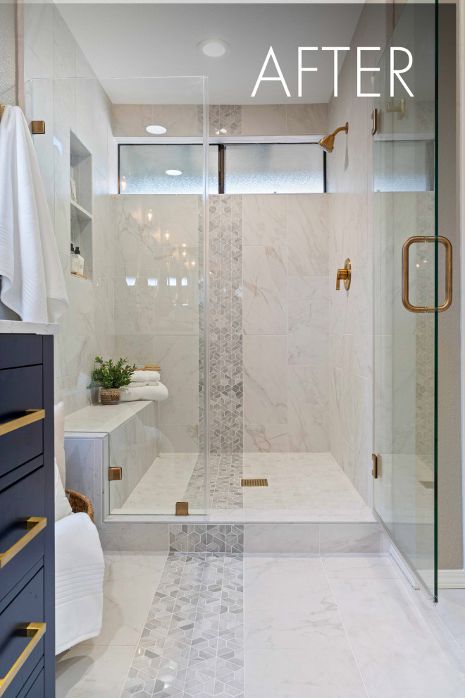 Design ideas for a medium sized bohemian ensuite bathroom in San Francisco with shaker cabinets, blue cabinets, an alcove shower, a two-piece toilet, white tiles, porcelain tiles, grey walls, porcelain flooring, a submerged sink, engineered stone worktops, white floors, a hinged door, white worktops, a wall niche, double sinks and a freestanding vanity unit.