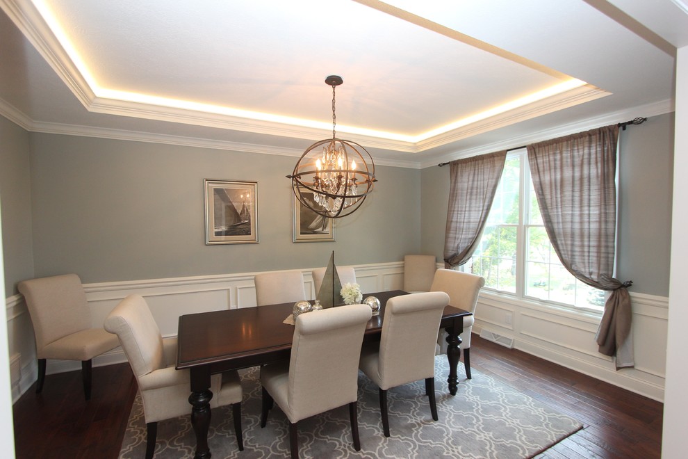 Example of a mid-sized transitional dark wood floor enclosed dining room design with gray walls and no fireplace