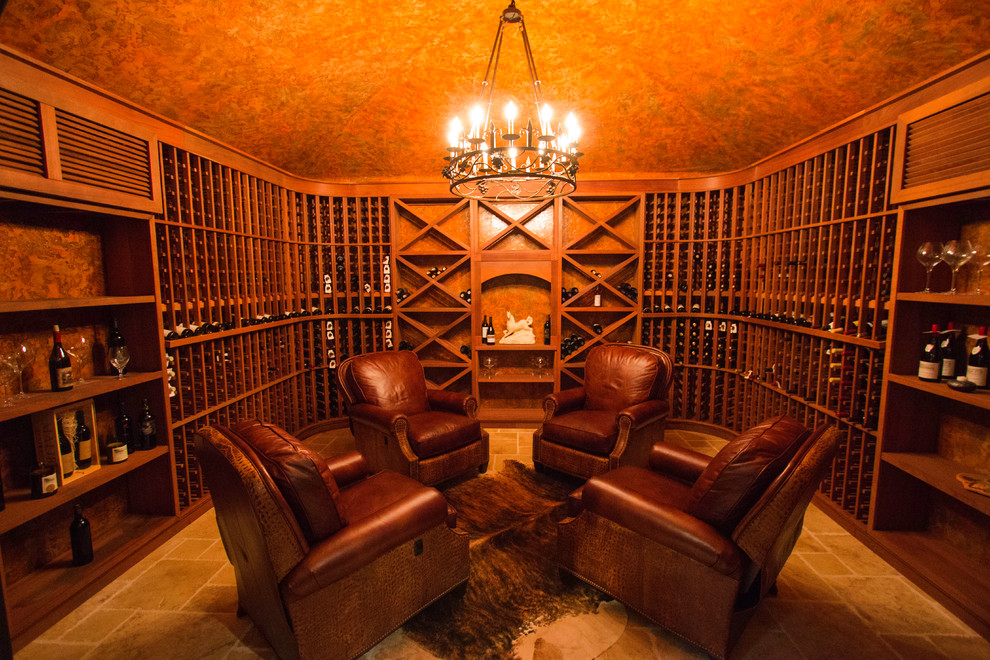 Inspiration for a mid-sized wine cellar in Los Angeles with ceramic floors and display racks.
