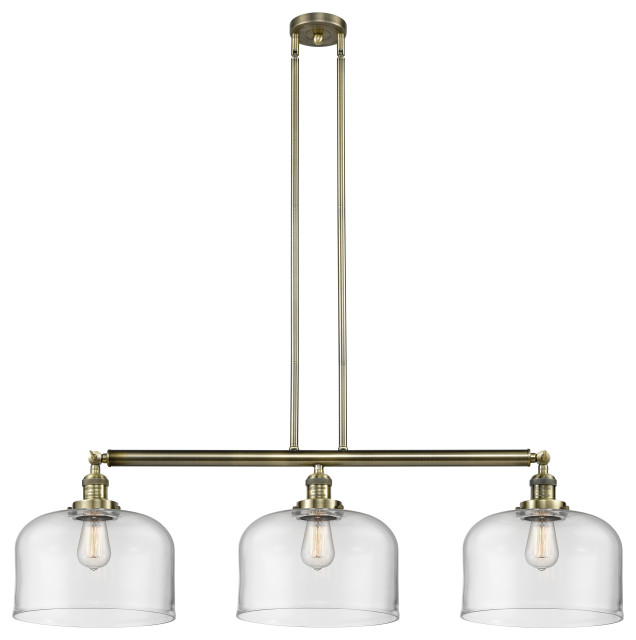 Bell 3-Light 42" Stem Hung Island Light, LED, Antique Brass/Clear