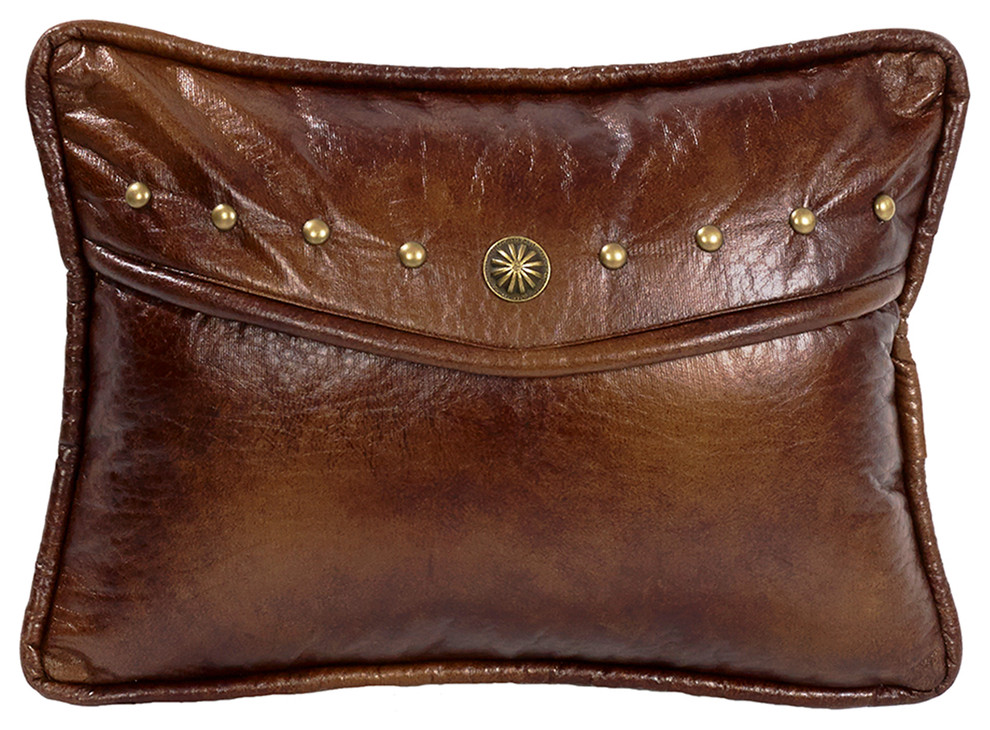 Oblong Brown Envelope Pillow with Faux Leather and Concho, 12x16x6 Southwestern Decorative
