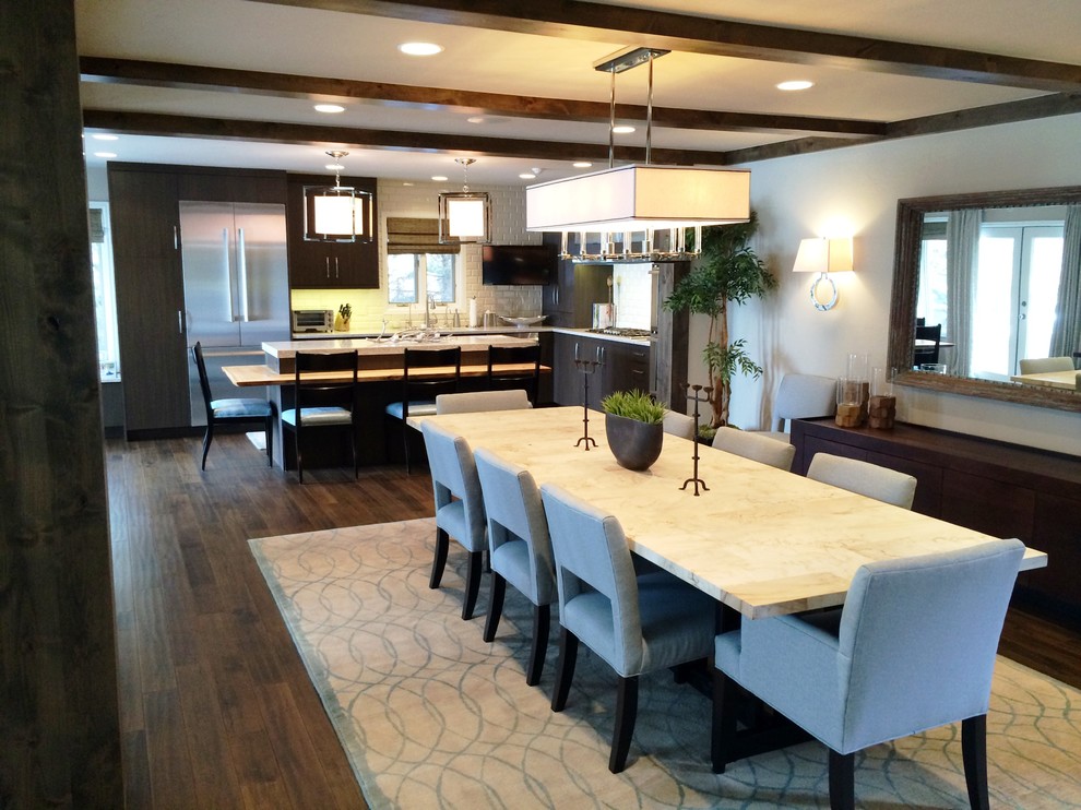 Great room - mid-sized transitional dark wood floor and brown floor great room idea in Denver with gray walls and no fireplace