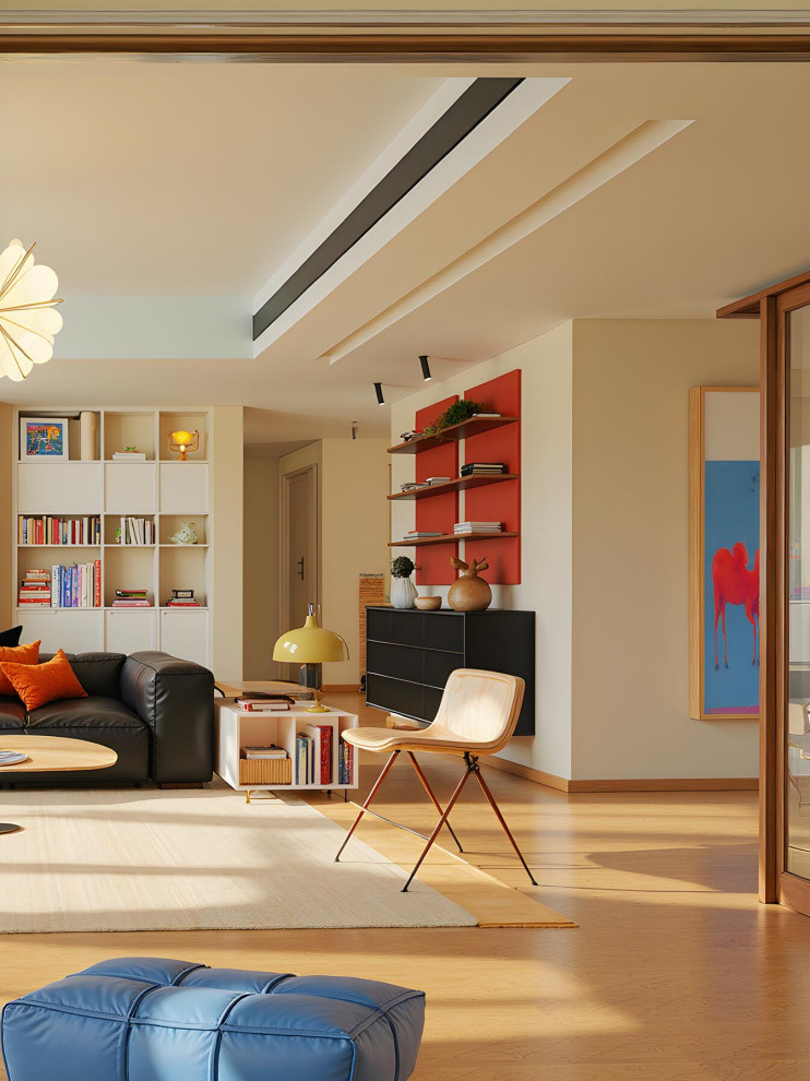 Living room - mid-sized 1960s formal and open concept light wood floor and beige floor living room idea in Los Angeles with gray walls