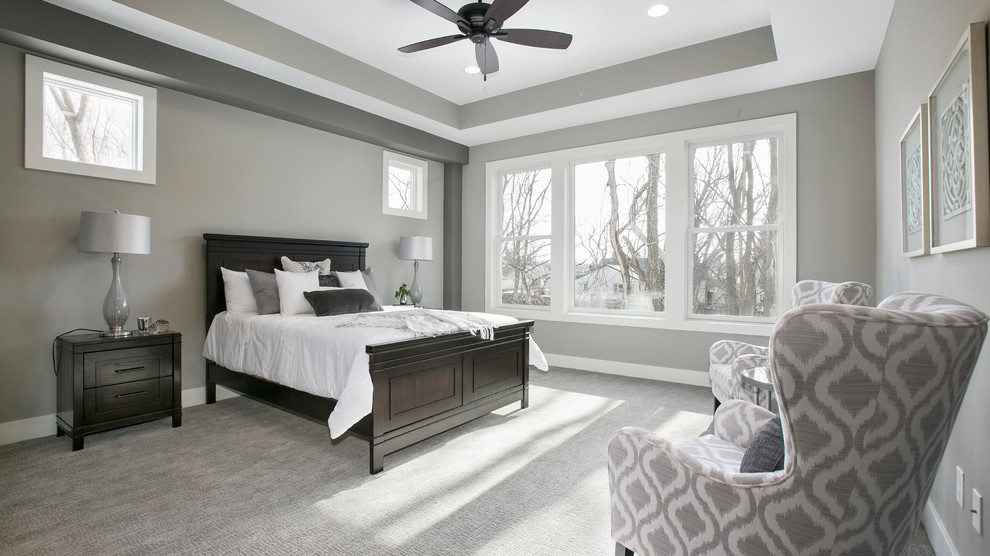 This is an example of a transitional guest bedroom in Minneapolis with grey walls, carpet, no fireplace and grey floor.