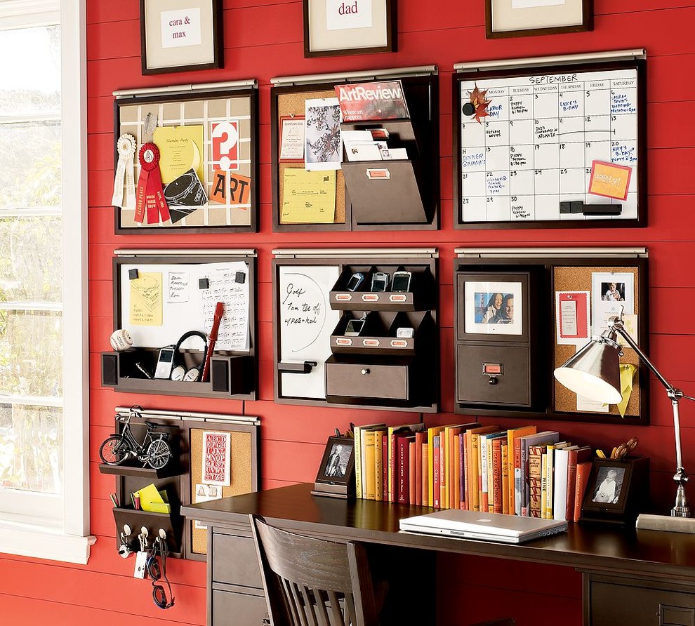 Mid-sized traditional home office in DC Metro with red walls, no fireplace and red floor.