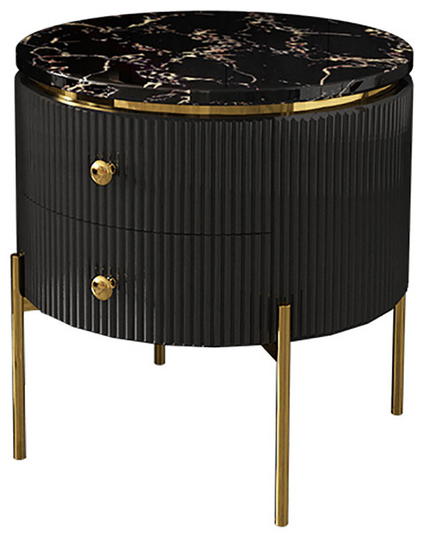 Yelly Modern Round End Table With Storage Black Faux Marble Side Table