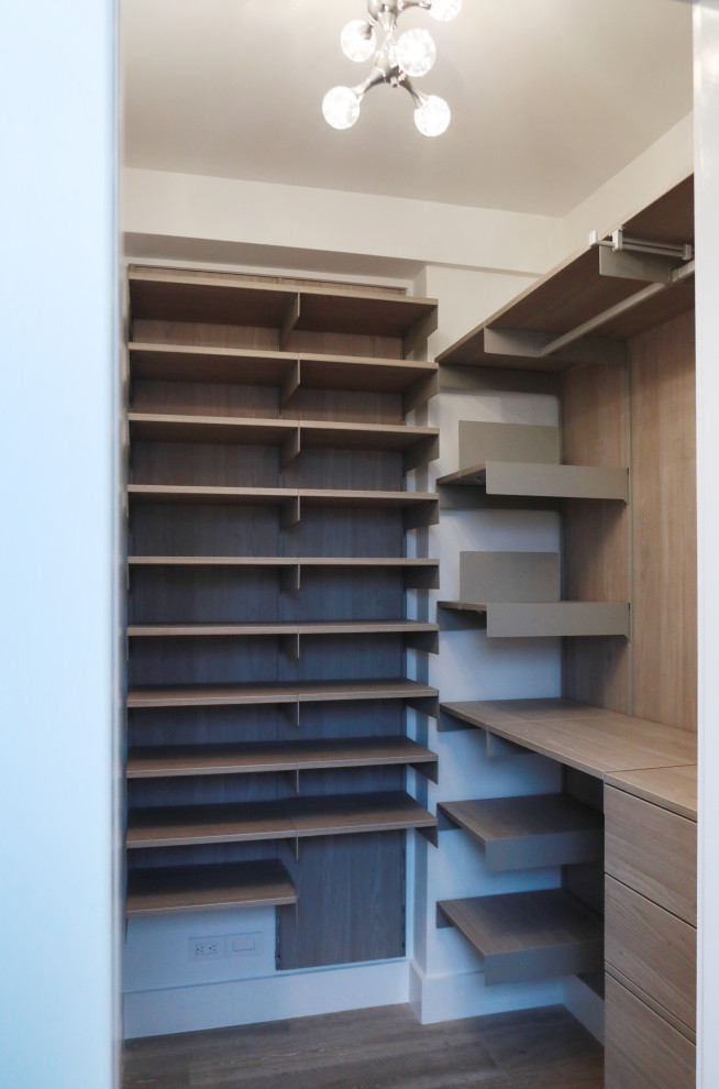 Photo of a small modern gender neutral built-in wardrobe in Los Angeles with open cabinets and light wood cabinets.