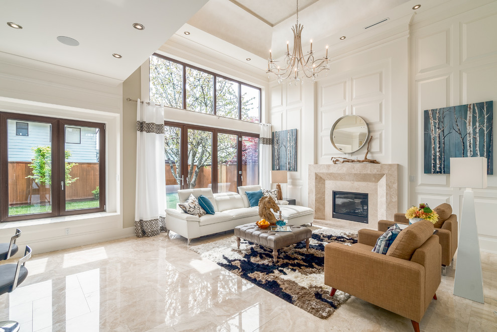 Mid-sized transitional formal open concept living room in Vancouver with white walls, a standard fireplace, a stone fireplace surround, beige floor, marble floors and no tv.