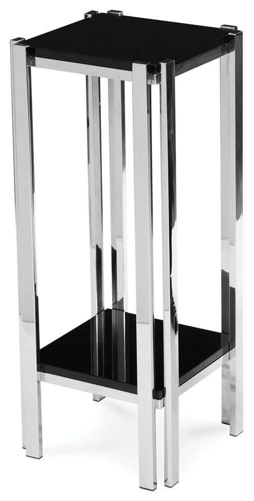 Small Stainless Steel Pedestal Stand With Tinted Black Glass Top and Under Tier