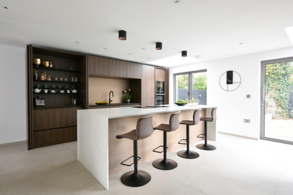 Medium sized contemporary kitchen in Manchester with flat-panel cabinets, quartz worktops, porcelain flooring, an island, beige floors, white worktops, dark wood cabinets and brown splashback.