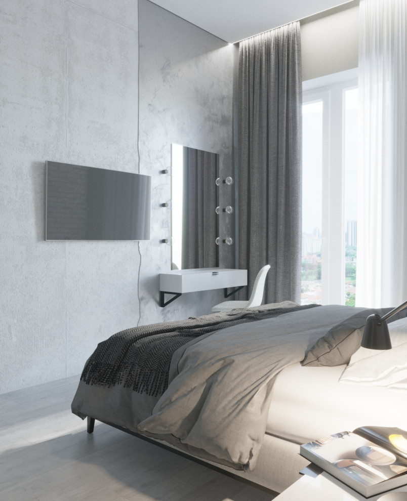 Свежая идея для дизайна: хозяйская, серо-белая спальня среднего размера в стиле лофт с белыми стенами, полом из ламината, серым полом, кирпичными стенами и акцентной стеной без камина - отличное фото интерьера