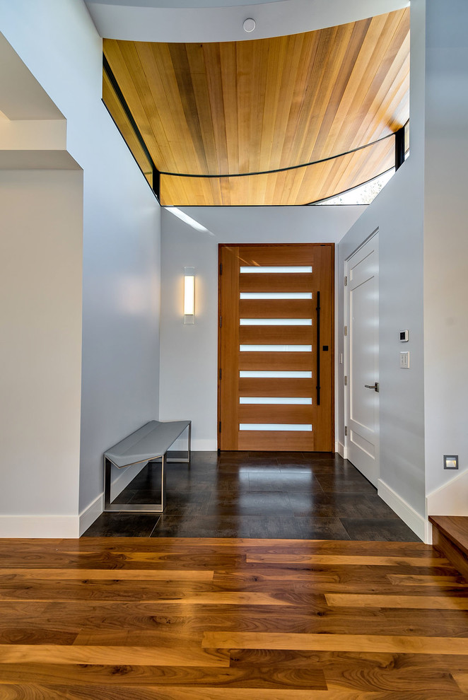 This is an example of a contemporary front door in San Francisco with ceramic floors, a single front door and a medium wood front door.