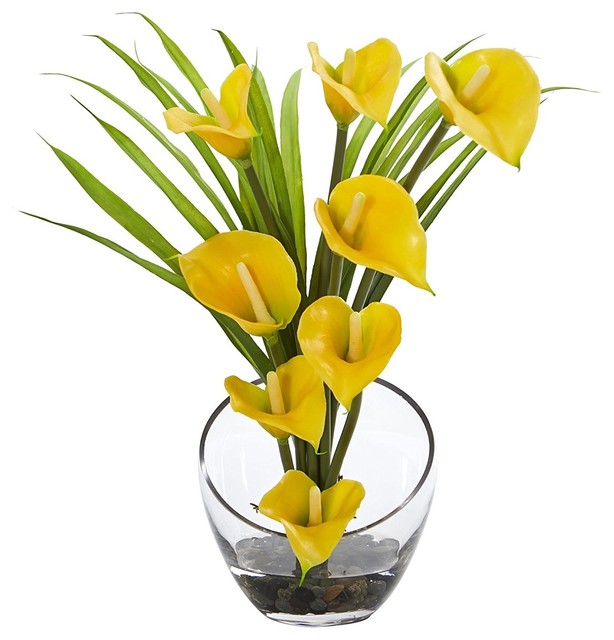 15.5" Calla Lily and Grass Artificial Arrangement, Vase, Yellow