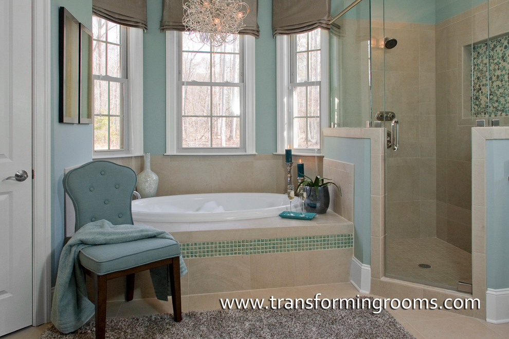 Inspiration for a mid-sized transitional master ceramic tile drop-in bathtub remodel with blue walls