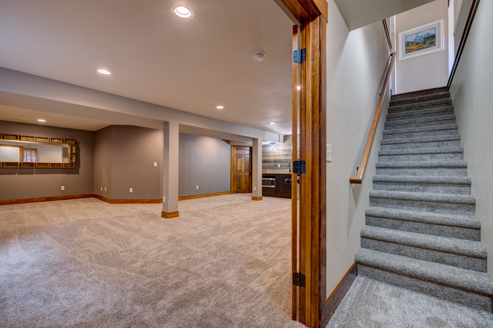 Inspiration for a transitional basement in Other with carpet.