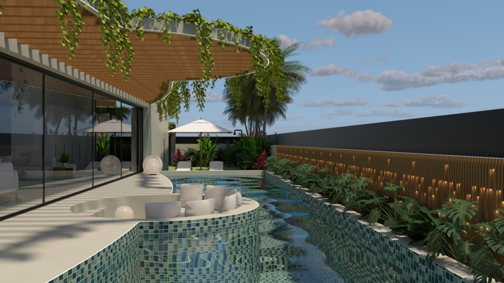 Idee per un'ampia piscina monocorsia etnica personalizzata nel cortile laterale