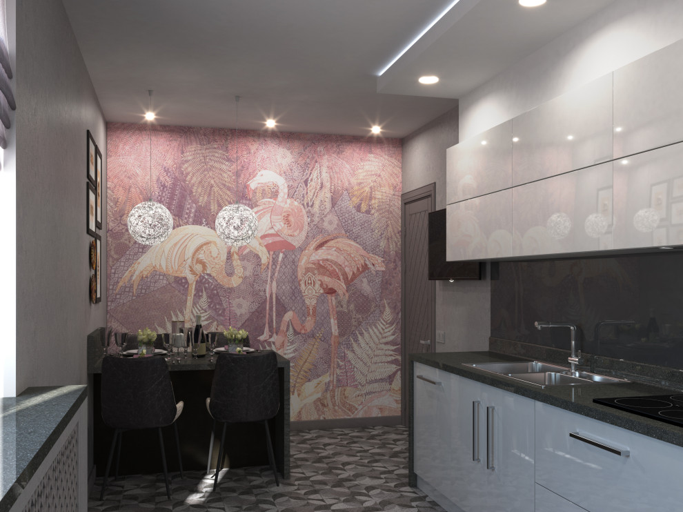 Кухня с акцентной стеной в частном доме