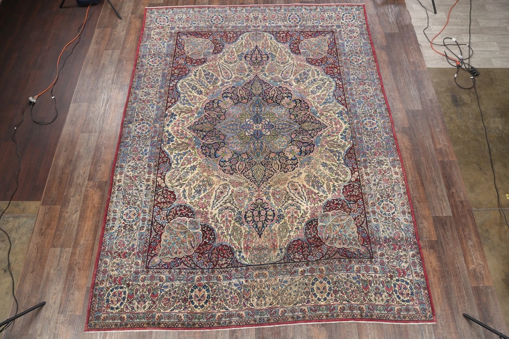 Consigned, Antique Floral Handmade Persian Worn Oriental Rug, Blue, 12