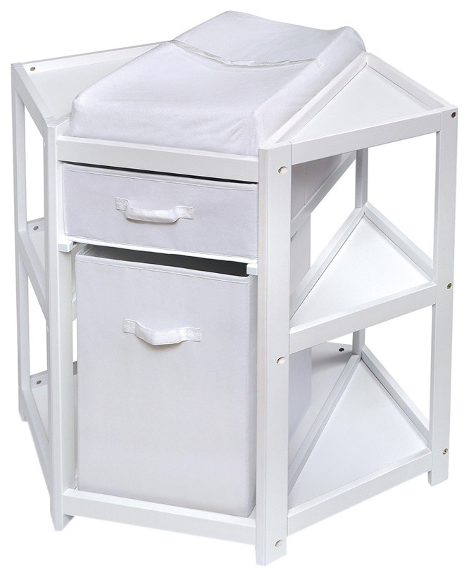 Badger Basket Co Diaper Corner Baby Changing Table With Hamper and Basket, White