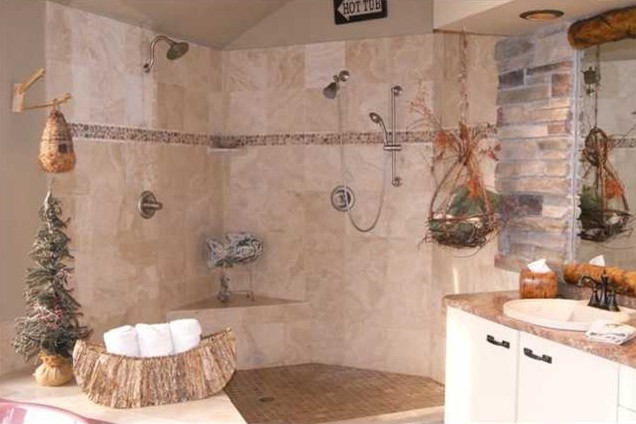 Photo of a large country master bathroom in New York with flat-panel cabinets, white cabinets, an open shower, beige tile, ceramic tile, beige walls, ceramic floors, a drop-in sink and granite benchtops.