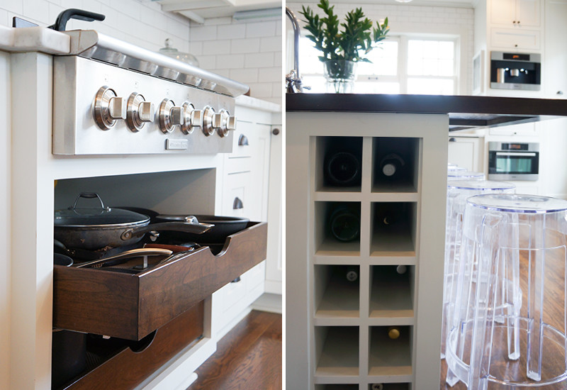 Eat-in kitchen - transitional l-shaped dark wood floor eat-in kitchen idea in Chicago with an undermount sink, beaded inset cabinets, white cabinets, marble countertops, white backsplash, ceramic backsplash, stainless steel appliances and an island