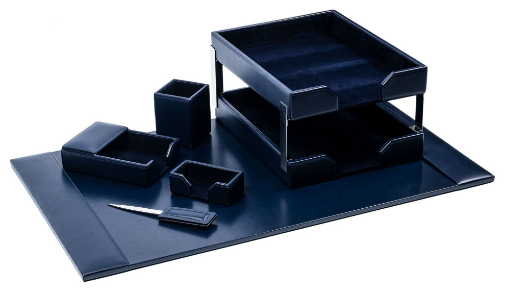 Navy Blue Bonded Leather 8Piece Desk Set Transitional Desk
