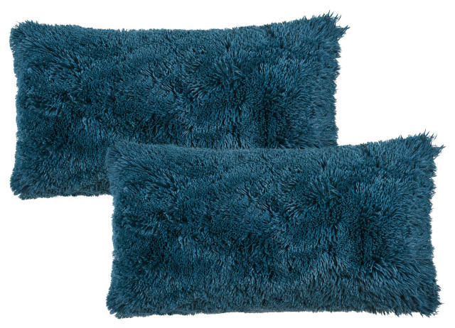 Shaggy Faux Fur Pillow Cover, Teal, Set of 2, 14"x26"