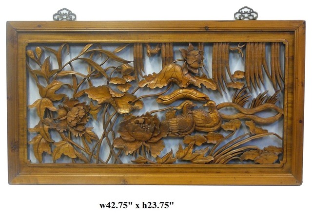 Chinese Relief Carved Mandarin Duck Lotus Wood Panel