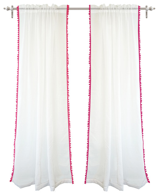DriftAway Laura Pom Pom Sheer Window Curtains, Set Of 2, Plus 2" Header, Pink