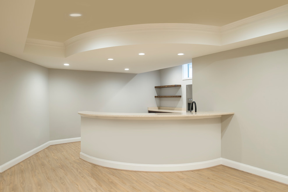 Example of a transitional walk-out vinyl floor and beige floor basement design in DC Metro with beige walls, a standard fireplace and a stone fireplace