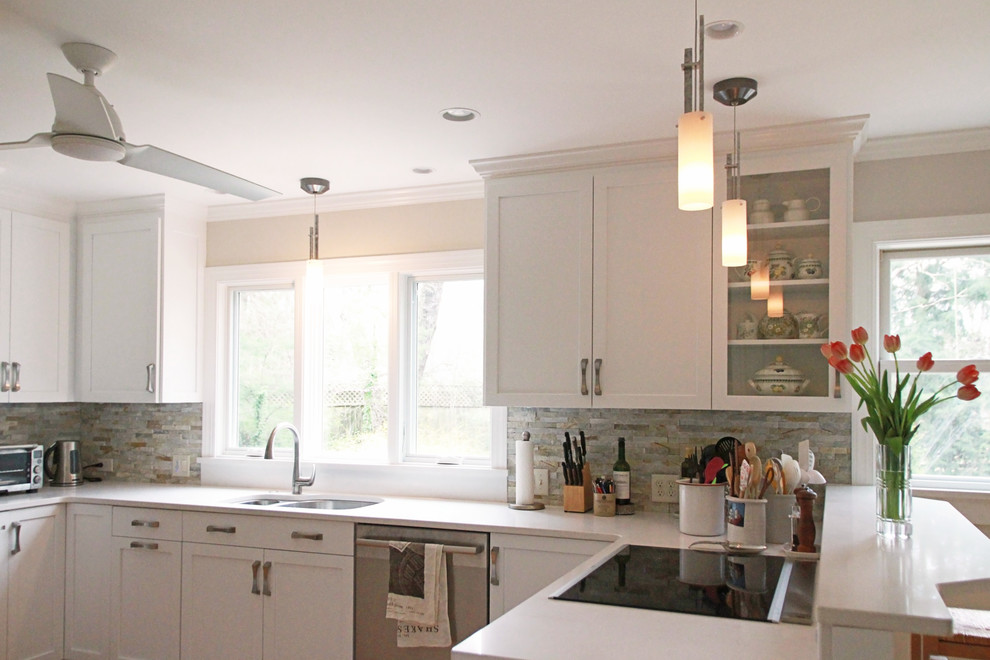 Mid-sized transitional u-shaped eat-in kitchen photo with flat-panel cabinets, white cabinets and a peninsula