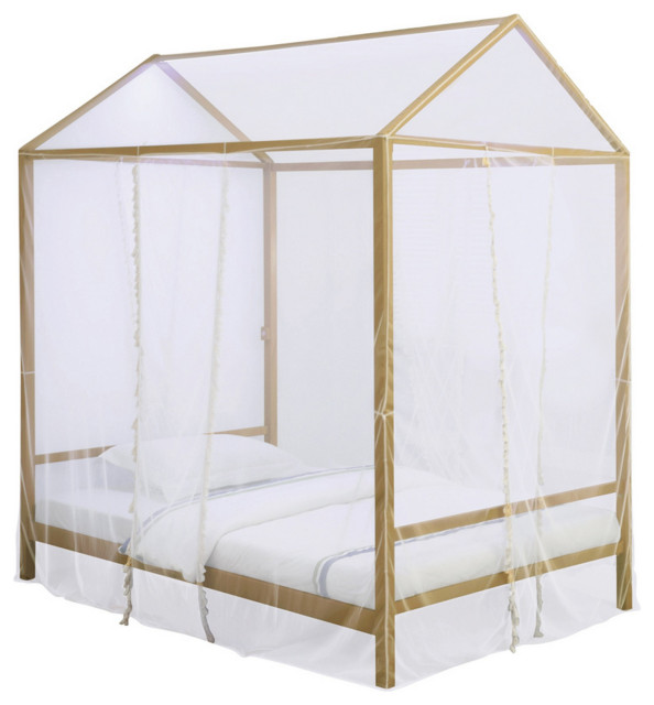 Twin Size Metal Canopy Bed with Sheer Net and Overhead LED Lighting ...