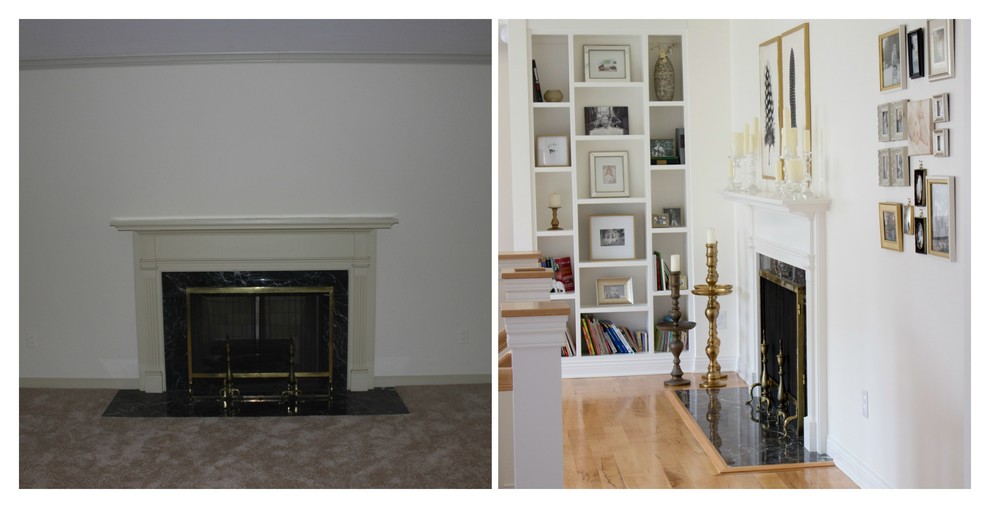Example of a transitional light wood floor living room library design