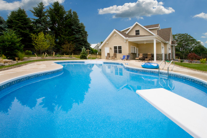 Mid-sized transitional backyard stone and custom-shaped lap pool house photo
