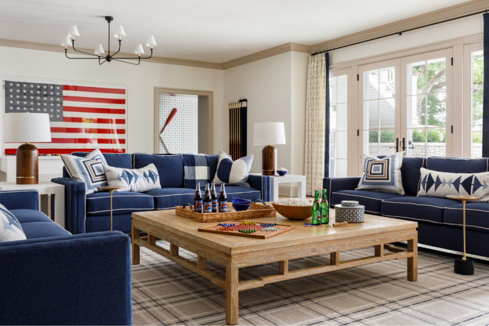 Стильный дизайн: изолированная комната для игр среднего размера в морском стиле с белыми стенами, светлым паркетным полом и синим диваном - последний тренд